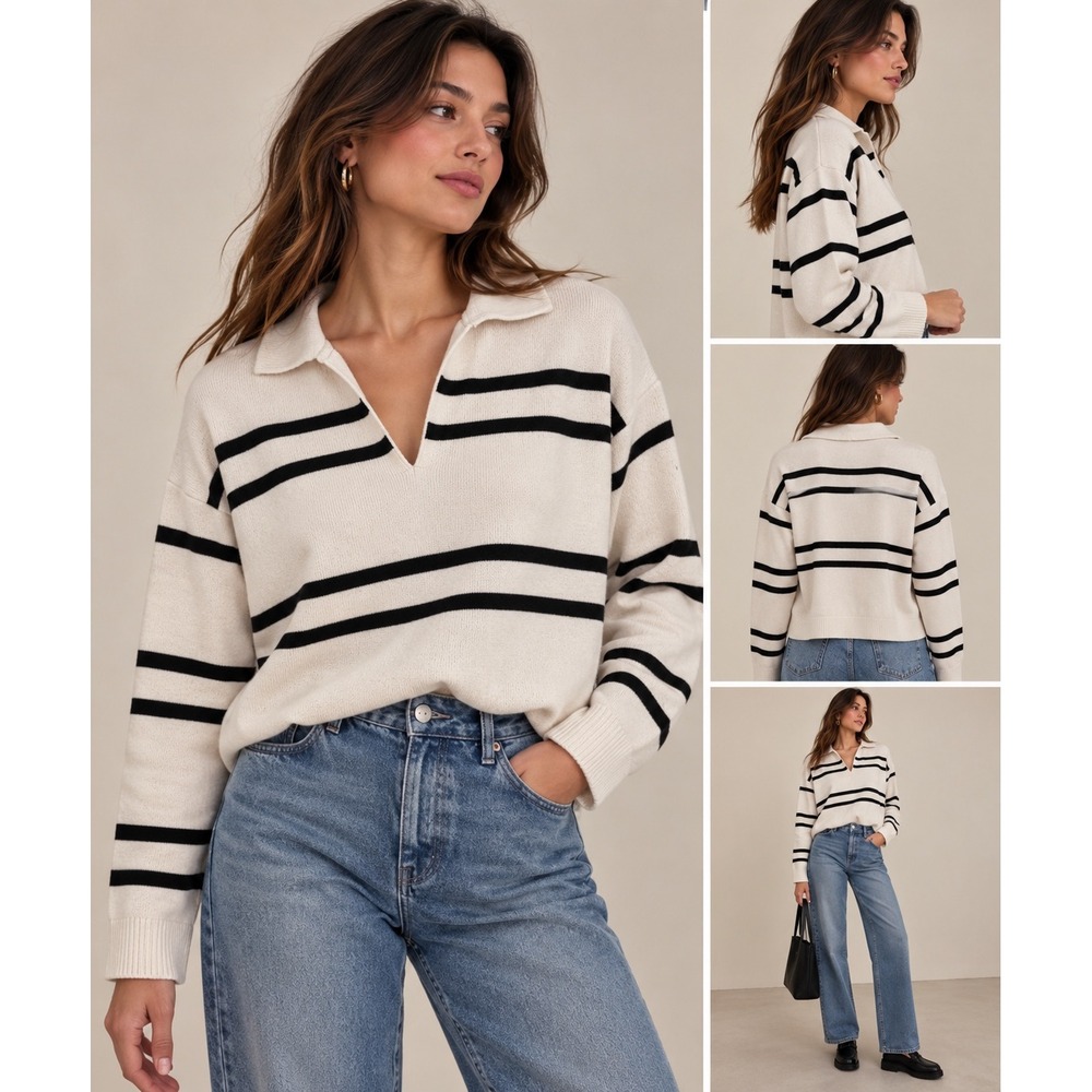 Cyrus Rugby Inspired Polo Sweater White Black Striped VNeck Preppy Coastal Small